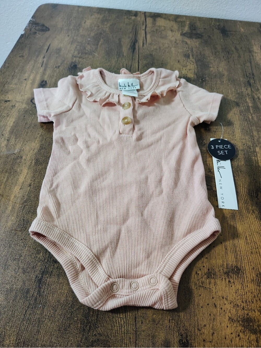 NWT Nicole Miller Baby Girl 6-9 Months Pink Ribbed Ruffle Collar Bodysuit Top